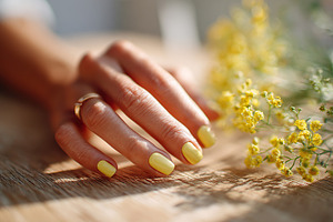 Female hand with bright yellow nails resting near small yellow flowers on a woo, a Beauty & Fashion Photo by AlyaAnd