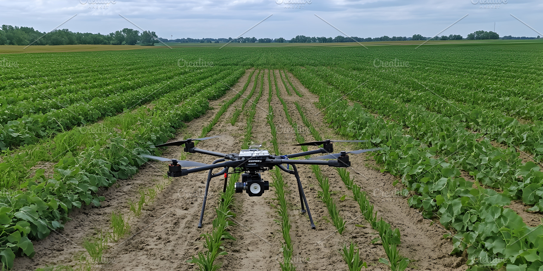 Drone inspecting crop field on cloudy day, a Technology Photo by Photostock