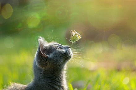 Grey cat playing with butterfly in the park, an Animal Photo by AlyaAnd