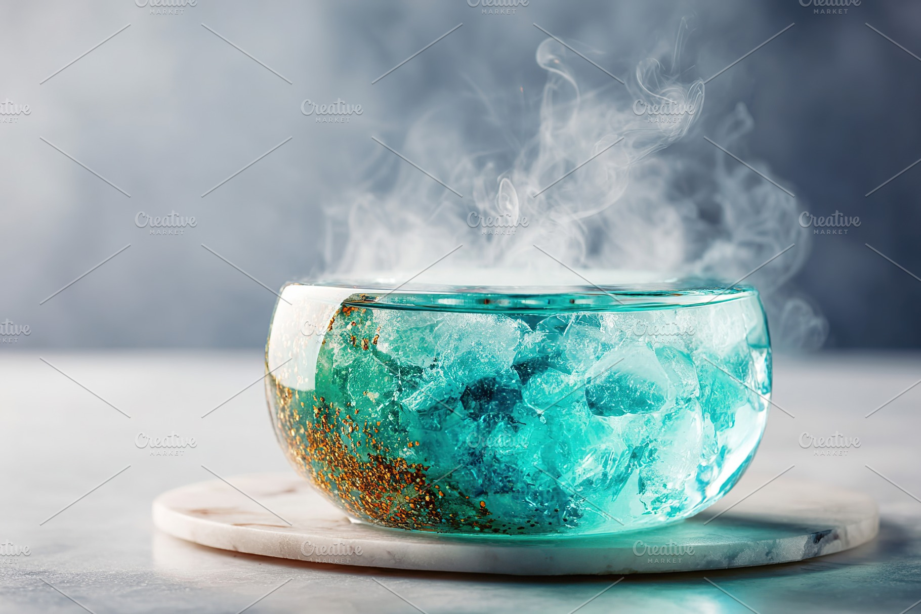 Steam rises from a turquoise bowl filled with ice and colorful crystals on a ma, a Photo by AlyaAnd