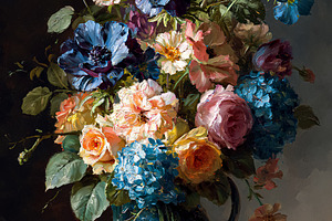 Still life oil painting featuring a vibrant floral bouquet with, a Photo by Studio ANNA