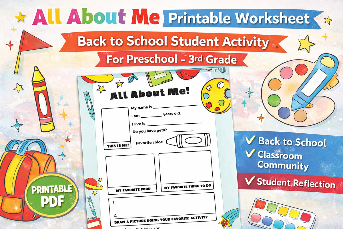 All About Me Printable Worksheet, an Education Illustration by MIRoots Design Studio (Photo 1 of 8)