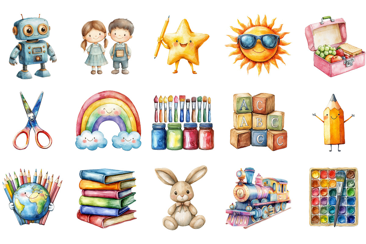 Cute Kindergarten Watercolor Clipart, an Illustration by Designking (Photo 3 of 5)