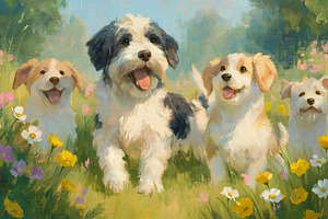 Happy puppies playing in a vibrant flower meadow, enjoying sprin, a Decorative Illustration by Anneleven