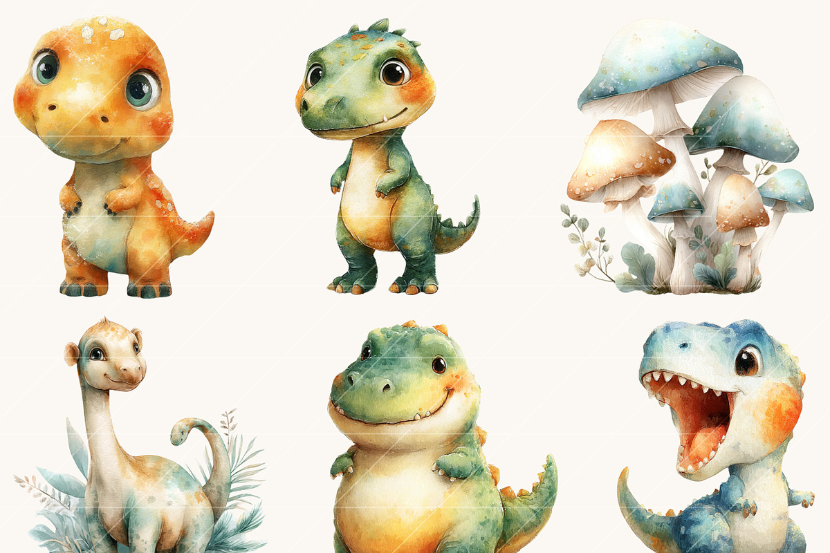 Watercolor Cute Dino Clipart, an Animal Illustration by Design Scotch (Photo 3 of 9)