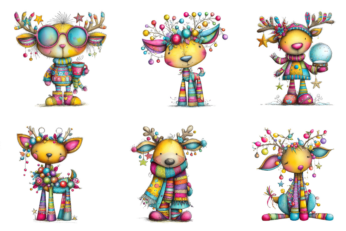 Whimsical Christmas Reindeer Clipart, an Illustration by designcity5 (Photo 2 of 5)