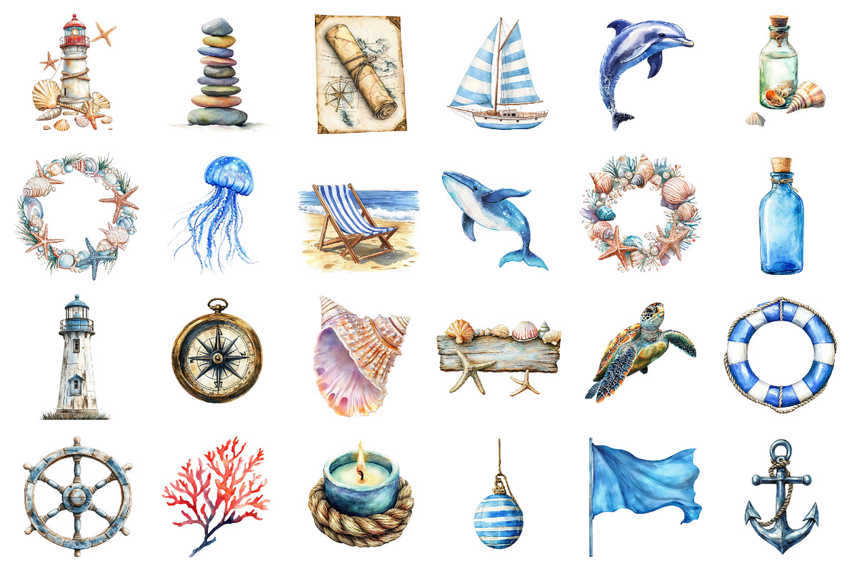 Watercolor Nautical Clipart, a Seasonal Illustration by designcity5 (Photo 2 of 5)