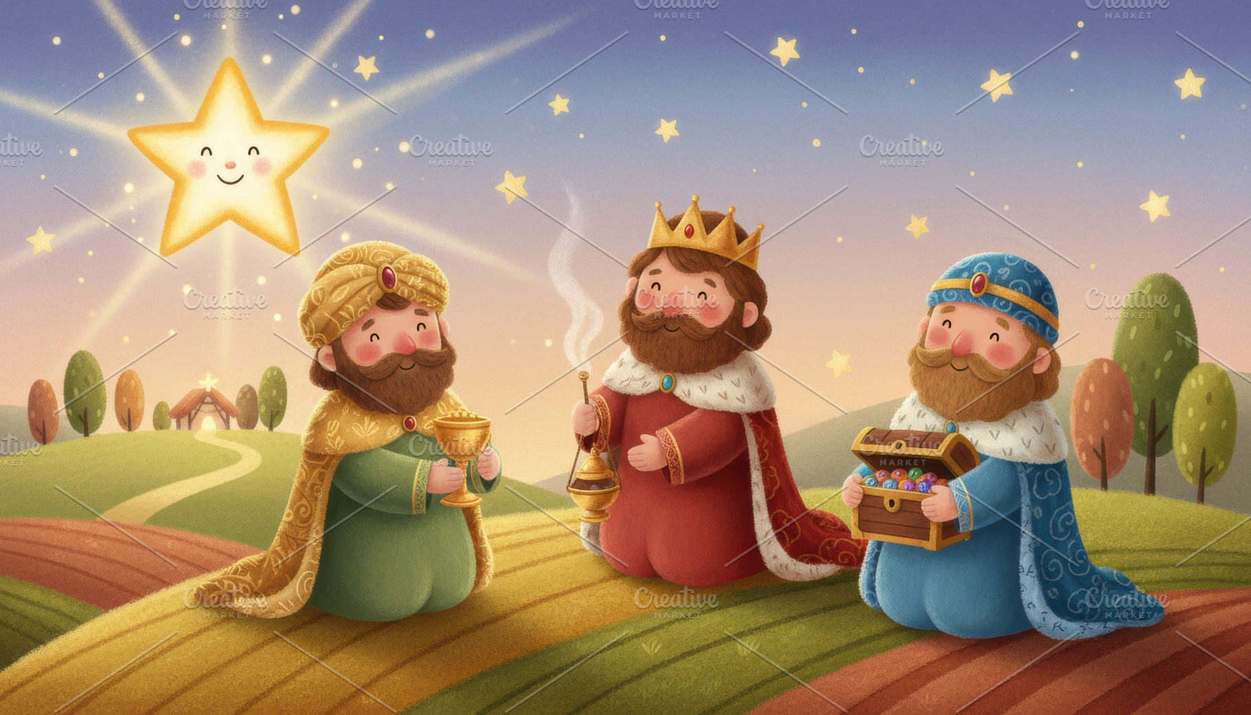 Three Kings presenting gifts near manger for Christmas, a Holiday Photo by Igor Tichonow