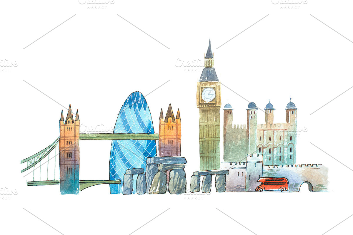 City of London Skyline famous landmarks travel and tourism waercolor illustration., a Work Illustration by undrey