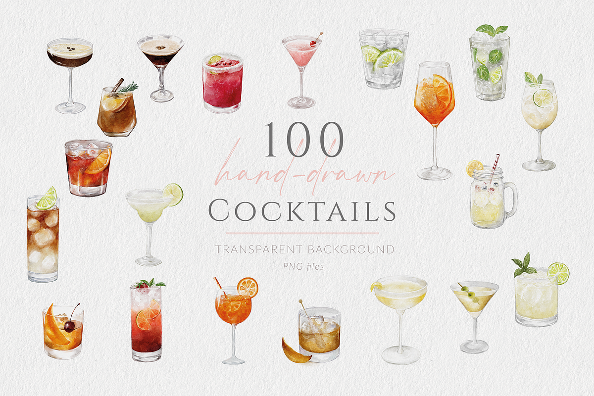 Watercolor Style Cocktails Set, a Food Illustration by White Letters (Photo 1 of 6)