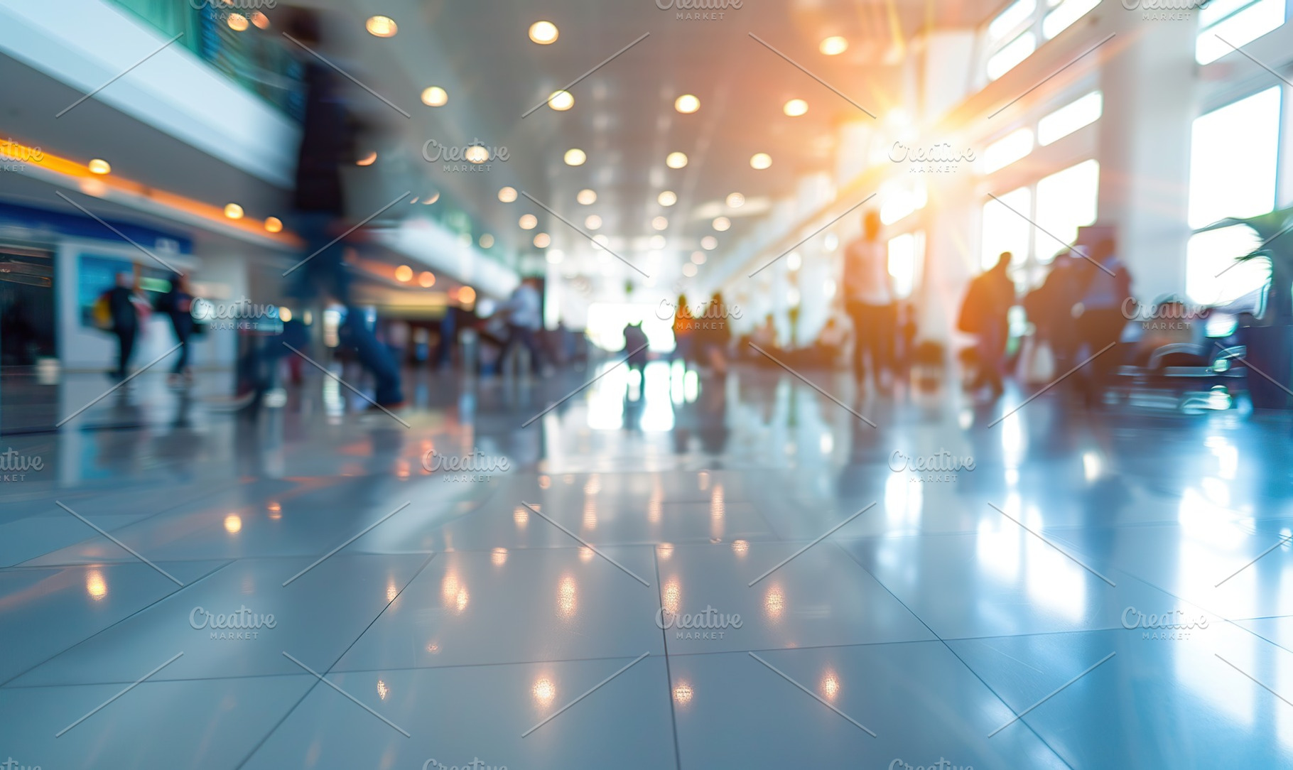 Blurred people in motion in airport terminal, a Photo by AlyaAnd