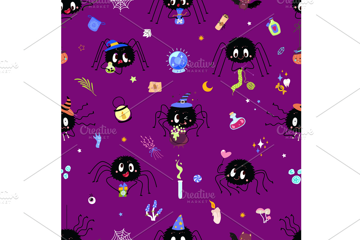 Cartoon spider seamless pattern, an Illustration by Valerie Bodnar