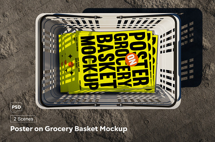 Poster on Grocery Basket Mockup, a Merchandise Mockup by megostudio3