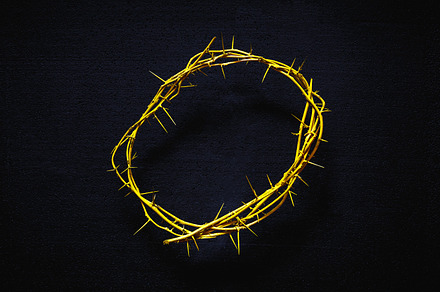 Yellow crown of thorns on a black background, top view. religion worship tradition symbols concept, an Arts & Entertainment Photo by Tinyakov Story