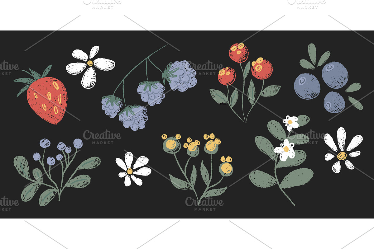 Crayon doodle flowers and berries, an Object Illustration by art PVP - market