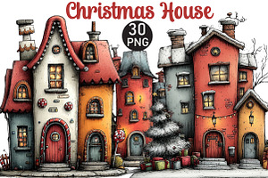 Christmas Whimsical House Clipart, an Illustration by Black Bird Studio
