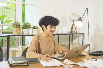 Business Asian american woman, person working from home, talking, a Photo by Tampatra