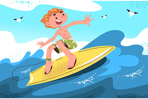 Boy surfer. Cartoon kid riding on, a Sport Illustration by Stock-Smart-Start
