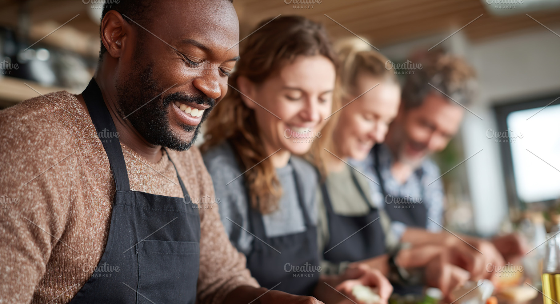 Friends enjoy cooking together in a cozy kitchen during a weekend gathering, a Person Photo by AlyaAnd