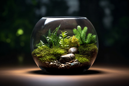 Glass terrarium with moss and plants, a Nature Photo by SL Studio