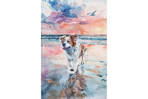 Joyful Dog on Beach at Sunset Art, an Animal Illustration by Art Paradise Studios