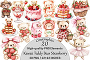 Kawaii Teddy Bear Strawberry Clipart, a Seasonal Illustration by CitraGraphics (Thumbnail 1 of 4)