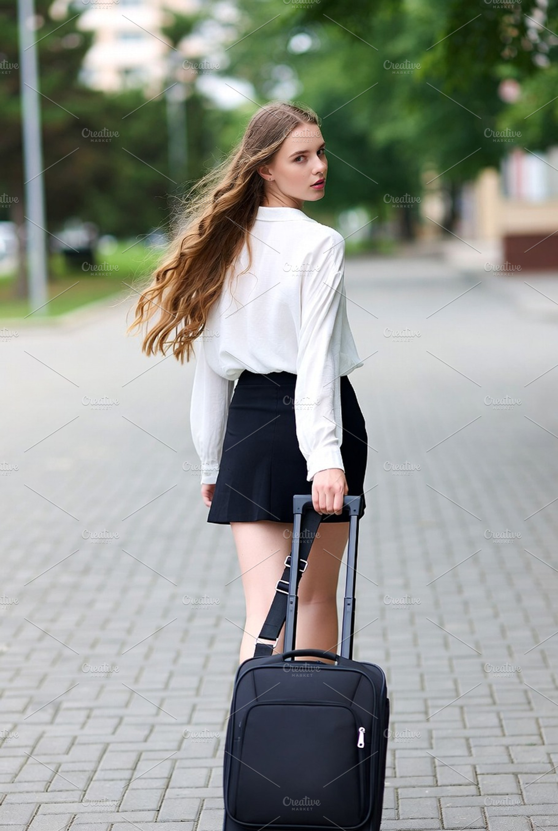 beautiful young woman walks on sideway in city center with suitc, a Photo by WorldOfPhotos