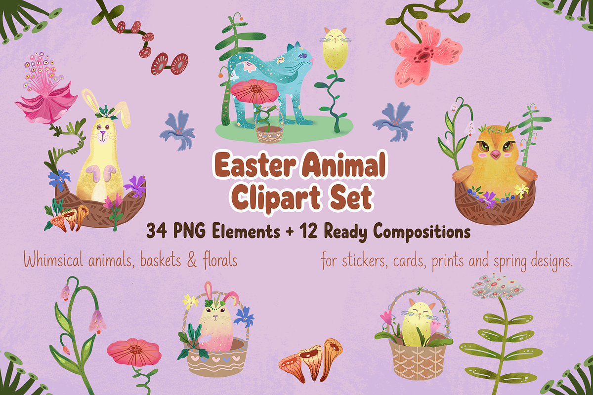 Whimsical Easter Animals PNG Set, an Animal Illustration by FaliushViktoriaArtist (Photo 1 of 11)