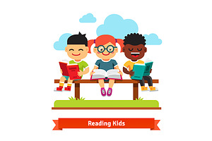 Three Smiling Kids Reading Books