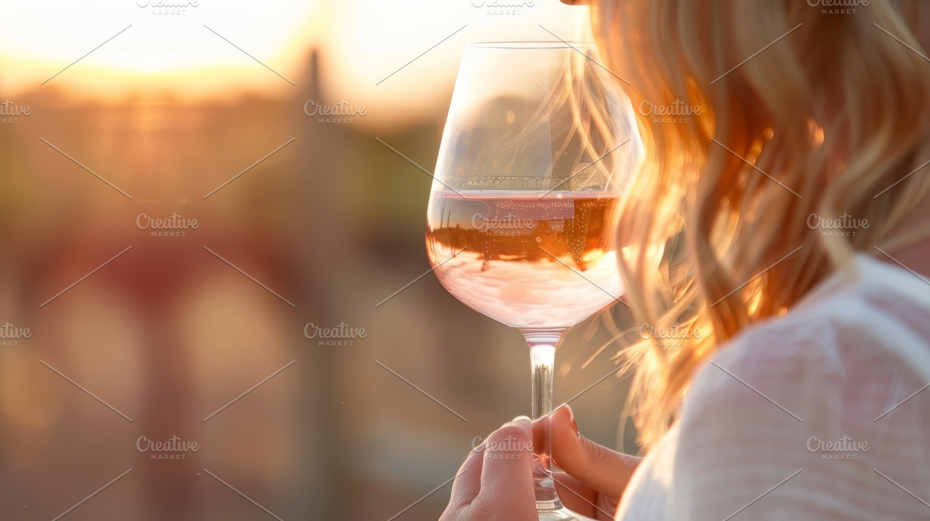 Woman with wine, sunset backdrop, a Food & Drink Photo by Mashimara