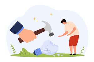 Watches Giant Hand Smash Lightbulb, a Person Illustration by Flashvector