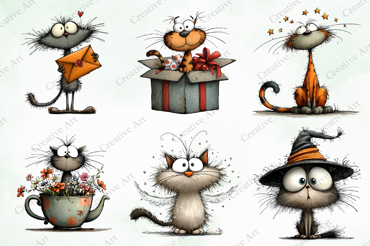Whimsical Cats Clipart Bundle, an Illustration by Creative Art (Photo 2 of 11)