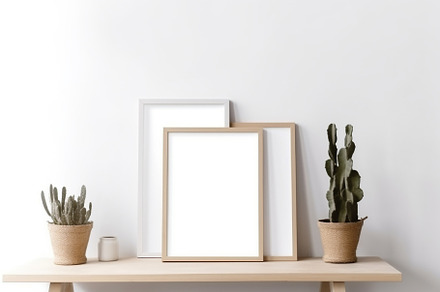 Blank print frame mockup with plants and decor on light backgrou, a Photo by Dvoevnore photos