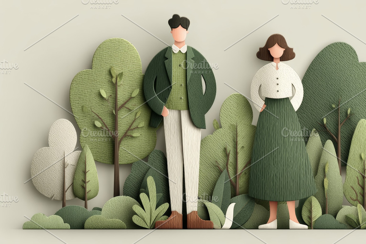 Ecology themed couple in a woodland scene, paper art style, sustainable living, an Illustration by AS photostudio