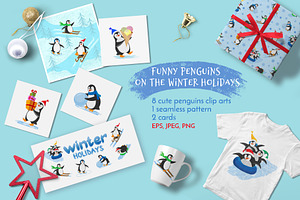 Funny Penguins On The Winter Holiday