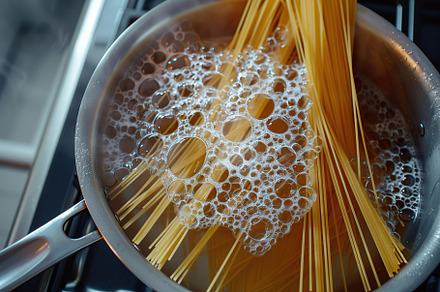 Flat lay of spaghetti cooking in boiling water, a Food & Drink Photo by AlyaAnd