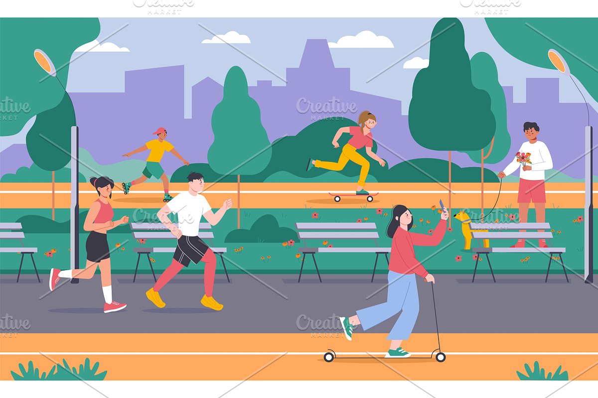 Summer park walking. People rest in, an Illustration by LadadikArt