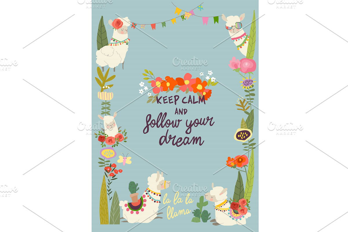 Cute Cartoon Frame with Cute Alpacas, an Object Illustration by Maria Starus