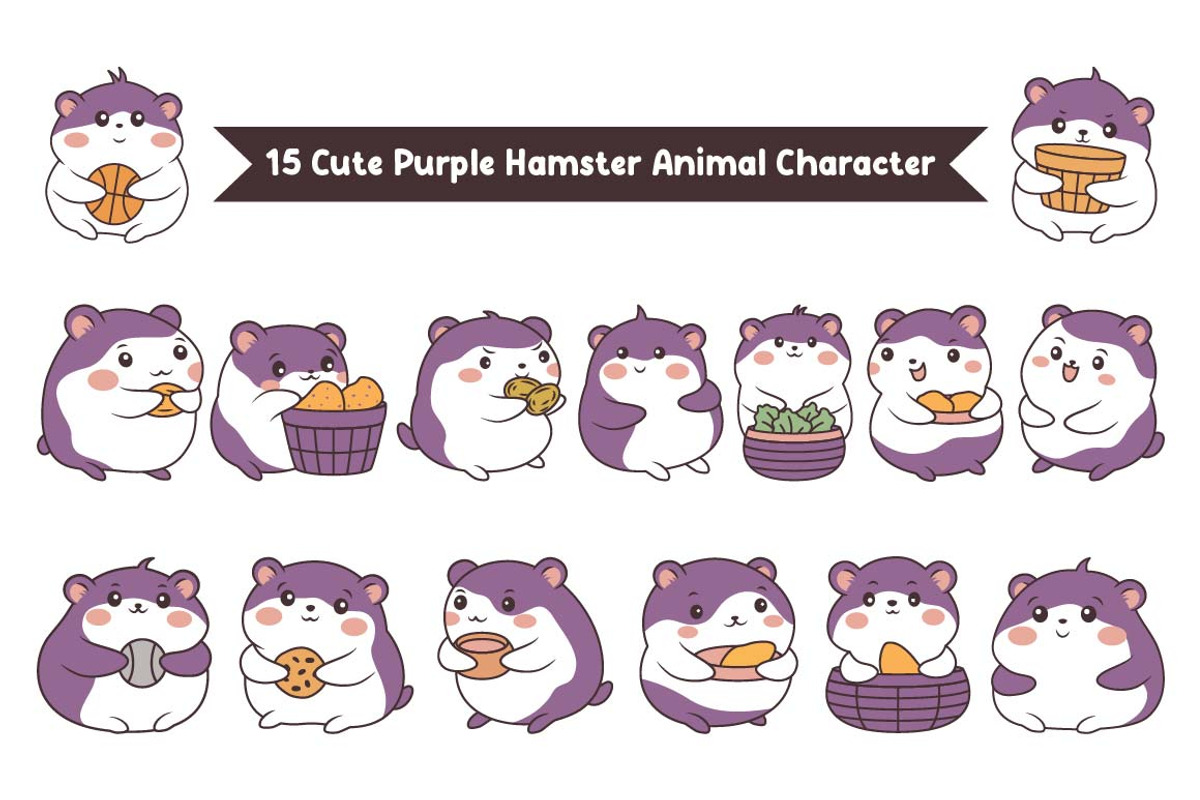15 Cute Purple Hamster Character, an Animal Illustration by jongcreative (Photo 1 of 5)
