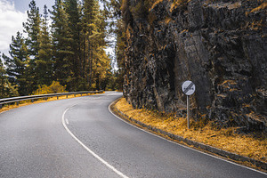Curved road through mountain forest, a Transportation Photo by SkyNext