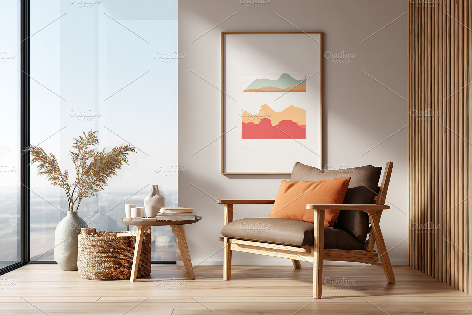 Cozy corner with modern decor and artistic landscape in contemporary living spa, a Photo by AlyaAnd