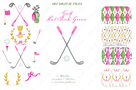 Golf Clipart Argyle Hot Pink Green, an Illustration by LABFcreations