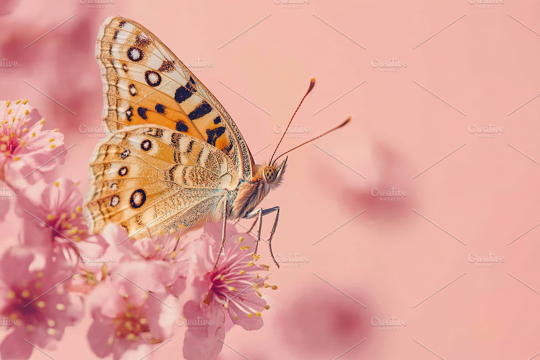 Summer spring flowers with flying butterfly on blurred nature background, an Animal Photo by AlyaAnd
