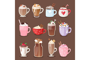 Set Of Different Coffee Cups Types Mug With Foam Beverage Glasses Vector Illustration.