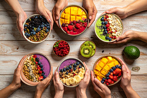 People holding smoothie bowls with fruits, seeds, and granola ov, a Food & Drink Photo by DanFLCreativo