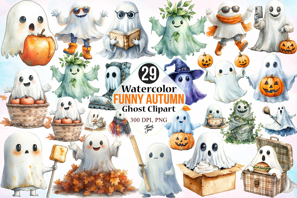 Watercolor Funny Autumn Ghost PNG, a Seasonal Illustration by Canvas Craft (Photo 1 of 8)