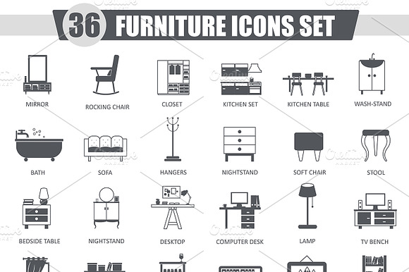 36 Furniture Black Icons Set.