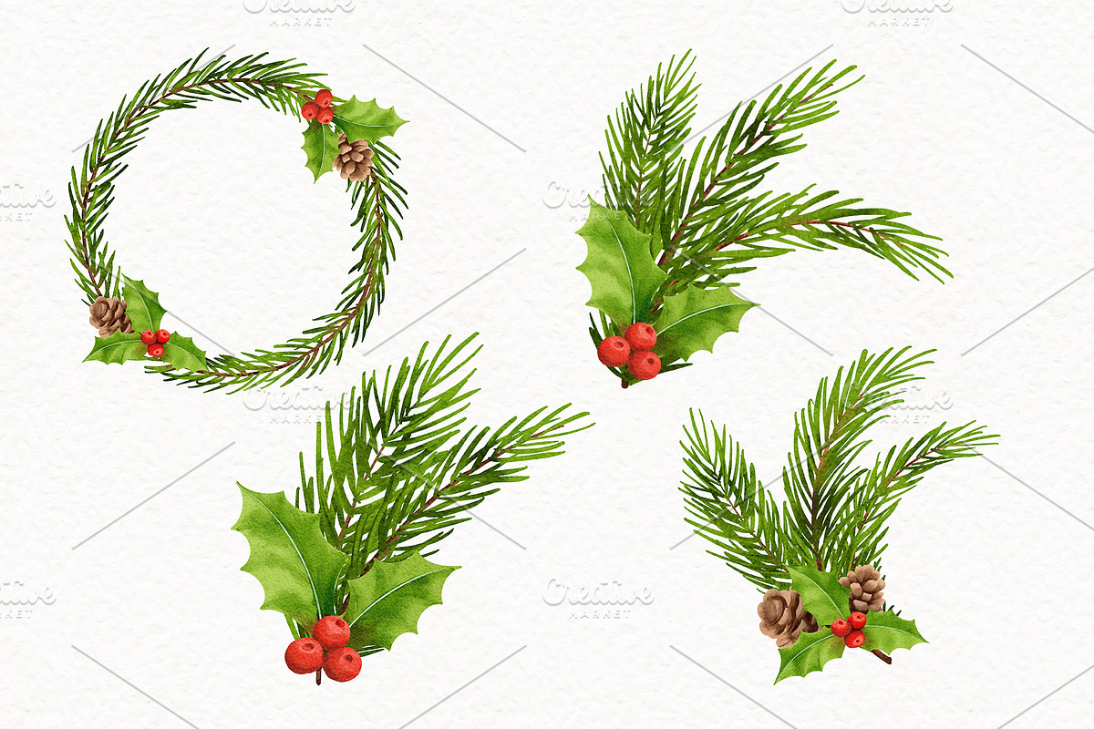 Christmas Decoration Watercolor Set., a Decorative Illustration by kaisorn (Photo 6 of 8)