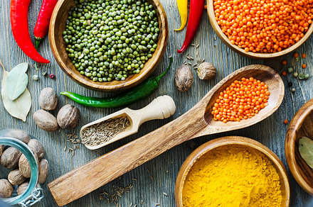 Lentils and spices for cooking featuring foods, legume, and seed