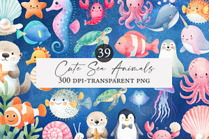 Cute Sea Animals Watercolor Clipart, an Illustration by Designworld